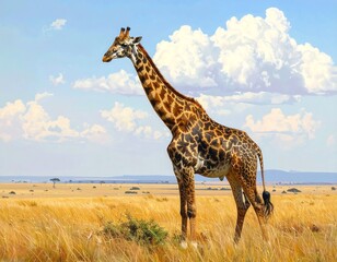Obraz premium A giraffe standing in a field of tall golden grass under a blue sky