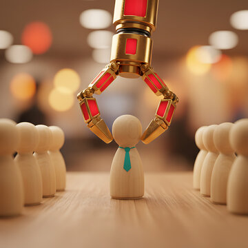 Artificial intelligence machine selecting human figures from group. Concept of AI recruitment, automation control, workforce management, algorithm decision making, AI in HR & Business Managemen