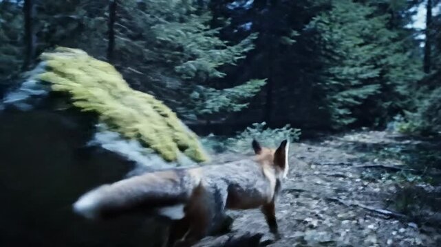 Fox Walking on a Fallen Log in a Sunlit Forest