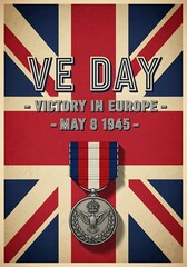 Vintage VE Day poster commemorating victory in Europe with medal and Union Jack background