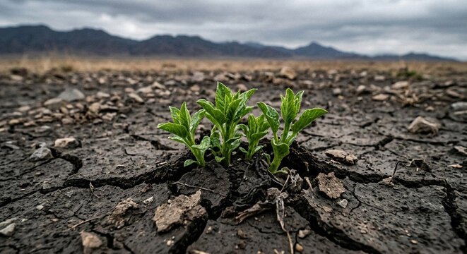 Green seedlings emerge from cracked, dry soil in an arid landscape. The ground is parched, with large fissures and scattered rocks. In the background, a range of dark mountains is visible under an ove