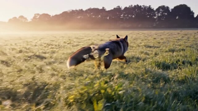 Fox Running Through Dew-Kissed Meadow at Dawn