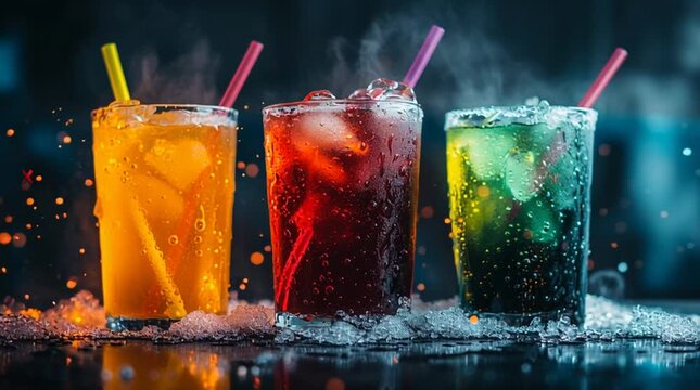 Cool Summer Drinks: Refreshing trio of colorful cocktails on a vibrant and inviting scene. Each drink boasts a unique blend of flavors, accented by colorful straws and condensation.