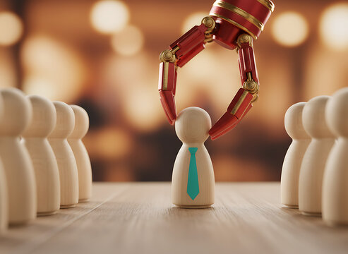 Artificial intelligence machine selecting human figures from group. Concept of AI recruitment, automation control, workforce management, algorithm decision making, AI in HR & Business Managemen