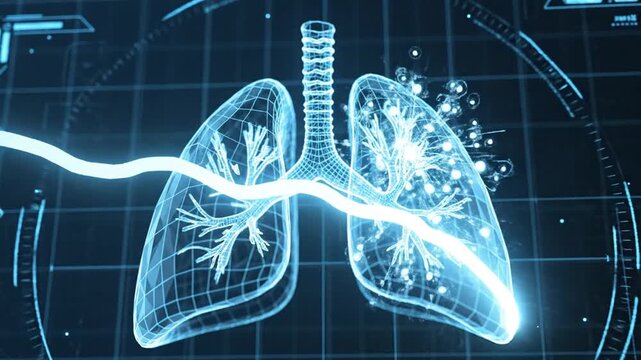 Digital illustration of human lungs with glowing blue bronchi and trachea on a dark blue grid background from a frontal viewpoint