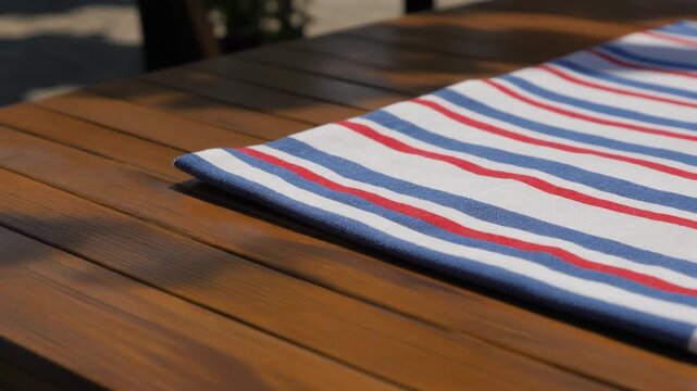 Striped fabric resting on a sunlit wooden outdoor table