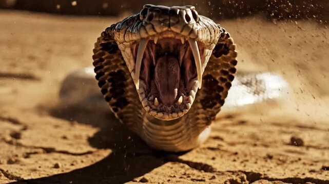 Furious Cobra striking with fangs bared in desert dust