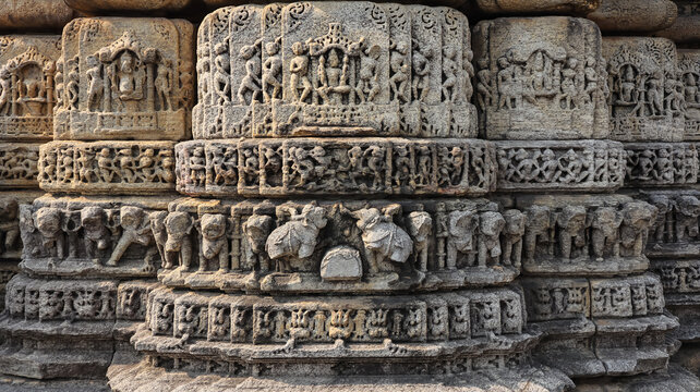 Ancient stone Carving of Hindu Deities on Dwarahat Temple Complex built during the Katyuri dynasty in Kumaon region of Uttarakhand, India