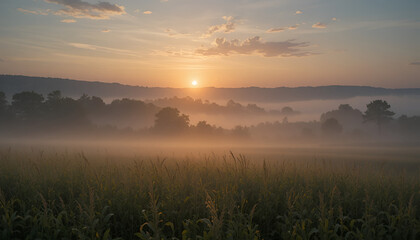 Obraz premium Serene sunrise over misty field with trees and rolling hills