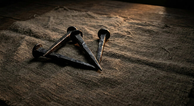 Four rustic iron nails rest on a textured brown burlap cloth. The nails, weathered and aged, have a rough surface with visible rust. They are arranged in a casual, overlapping manner, creating a trian