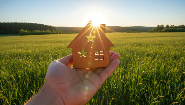 Hand holding wooden house model against sunlight in green field, symbolizing eco-friendly housing, real estate investment, sustainable living, future home development concept. Sustainable Real Estate
