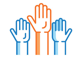 Fototapeta premium Three human hands are raised against a white background with the central hand in orange and the side hands in blue featuring shaded line work.