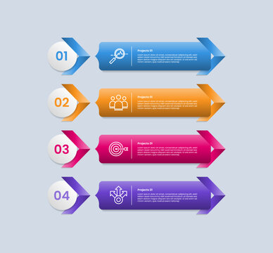 Arrow base infographic with glossy gradient style with big circle with rectangle box with vertical stacked list with 4 segment point information