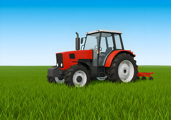 Fototapeta premium Red tractor parked in a field of green grass under a clear blue sky. Agricultural machine stationary on a vast open field.