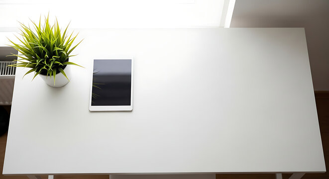 Overhead view of white desk with tablet and potted plant