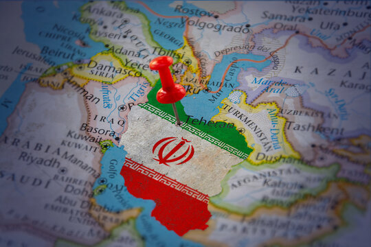 Iran geopolitical location concept with flag map and pushpin marker