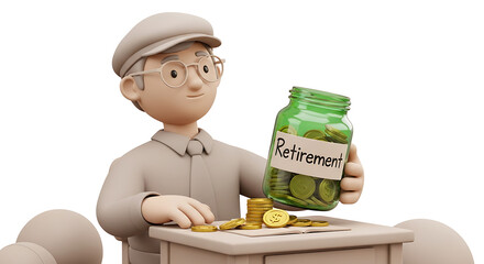 Cartoon elderly man holding a jar of coins for retirement savings