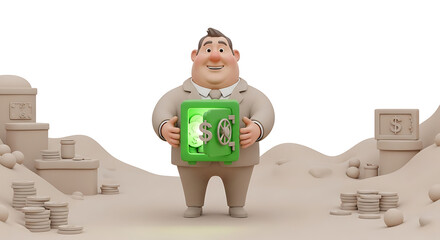 Cheerful cartoon character holding a piggy bank filled with money