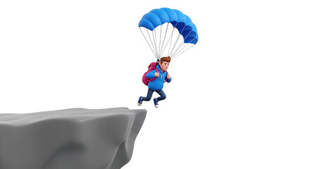 Young man jumping off a cliff with a parachute, adventure scene