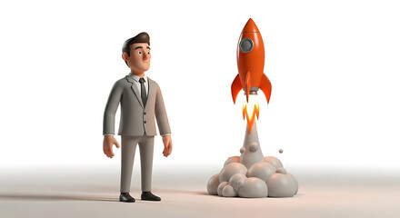 Businessman observing a rocket launch with a burst of flames