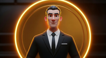3D cartoon man in a black suit, professional portrait