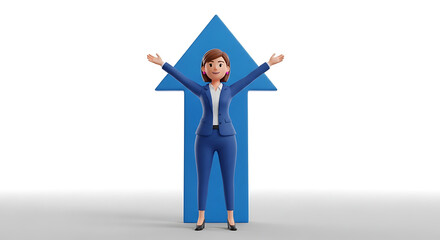 Cheerful businesswoman celebrating success with a pointing arrow