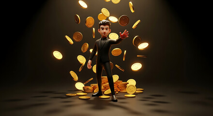 Stylish businessman surrounded by falling golden coins, success concept