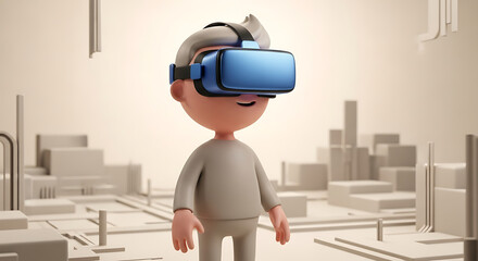 3D cartoon character wearing a VR headset in a cityscape.