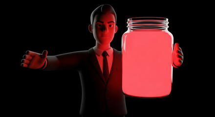 3D cartoon businessman presenting a bright red glass jar.