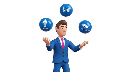 Businessman juggling ideas, symbolizing partnership and collaboration.