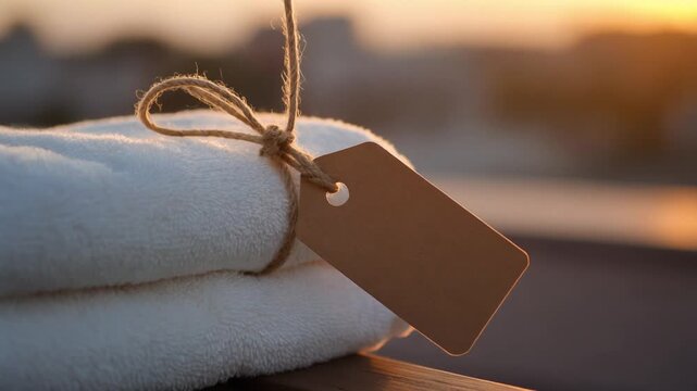Soft white towels tied with twine and blank tag