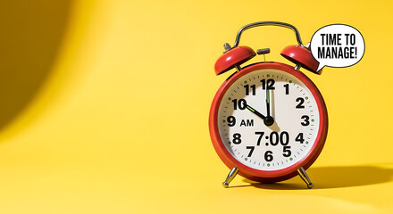 Vibrant yellow background featuring a classic analog alarm clock symbolizing efficient time management organization and morning wake up schedule concept in minimalist aesthetic style