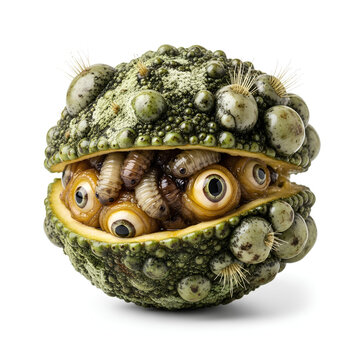 Surreal Creature with Multiple Eyes and Larvae Emerging from a Textured Orb.