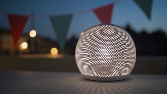 Modern perforated lamp glowing brightly with festive party flags