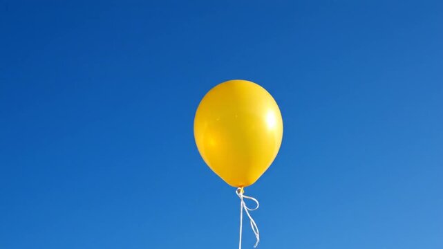 Single yellow balloon floating against a clear blue sky, symbolizing freedom and joy.