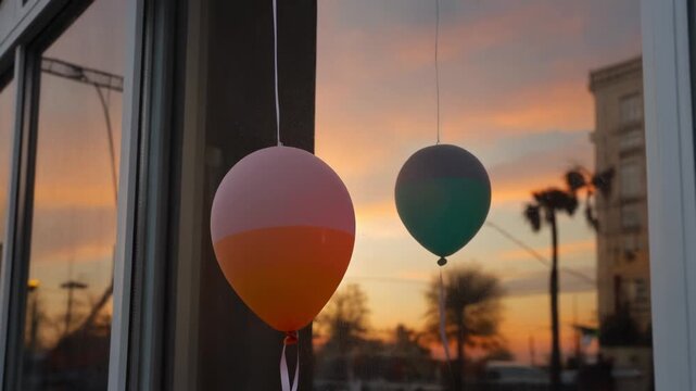 Two-toned balloons against a vibrant city sunset reflection
