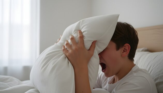 A distressed teen screaming silently into a soft white pillow in bed, symbolizing mental health struggle concept
