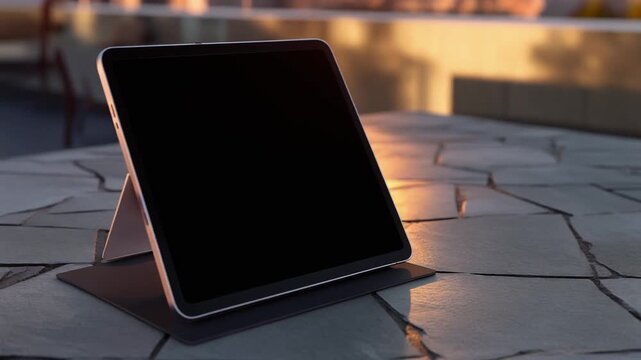 Modern tablet computer on stone patio at sunset