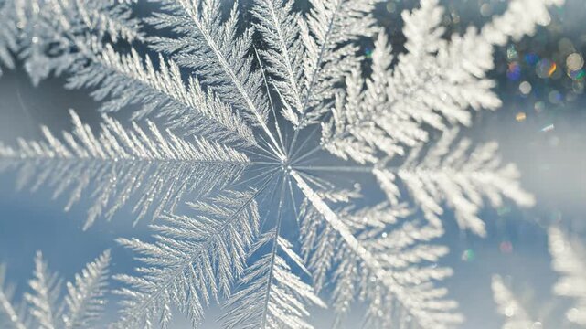Close-up of delicate frost patterns and snowflake on a windowpane, winter nature.