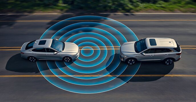 Cars with autonomous driving sensors on highway