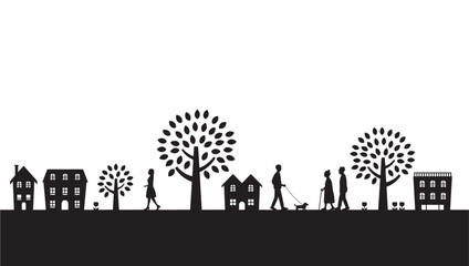 Naklejka premium Silhouettes of a suburban street scene with houses, trees, people, and a dog walking in profile against a white background.