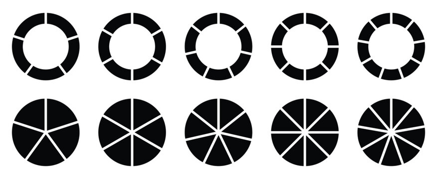 Circle pie chart diagram. black color diagram collection with sections or steps. 56,7,8,9,10,11,12 segment infographic. donut and pie chart, 