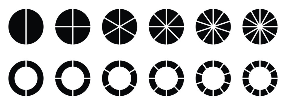 Pie chart set. round diagram part symbol, Vector illustration eps 10, Pie chart divided 2, 3, 4, 5, 6,7, 8, 9, 10, 11, 12 equal parts. Circle section Vector illustration isolated on white background. 