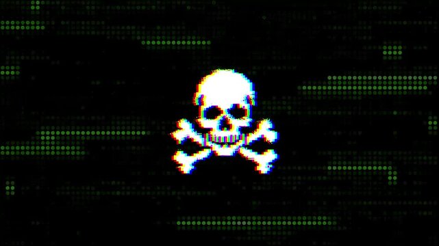Glitch skull animation representing hacked system on futuristic digital background.