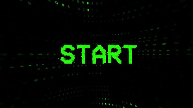 Start text animation with digital glitch distortion effect. Perfect for gaming intro, streaming visuals