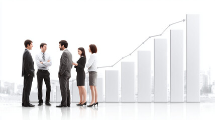 Business team discussing growth strategy in front of rising bar graph, symbolizing success and progress. group is dressed in formal attire, indicating professional setting