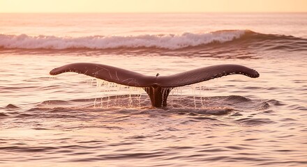 Fototapeta premium Whale Tail Diving into Ocean Waves Sunset.