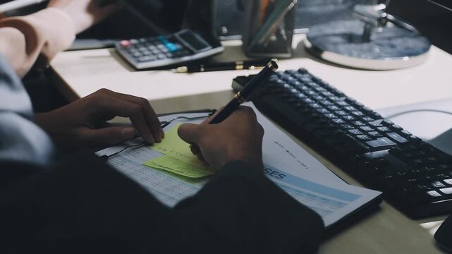 Accountant reviewing printed financial reports at messy office desk with calculator and sticky notes under soft window daylight for audit and corporate finance work