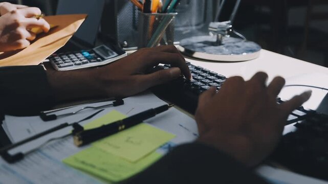 Accountant reviewing printed financial reports at messy office desk with calculator and sticky notes under soft window daylight for audit and corporate finance work