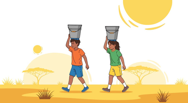 Children carrying water buckets in arid landscape, symbolizing hardship and resourcefulness
